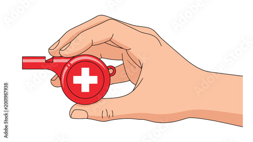 Human hand holding a bright red emergency whistle featuring a prominent white medical cross symbol, signaling urgent first aid or health assistance.