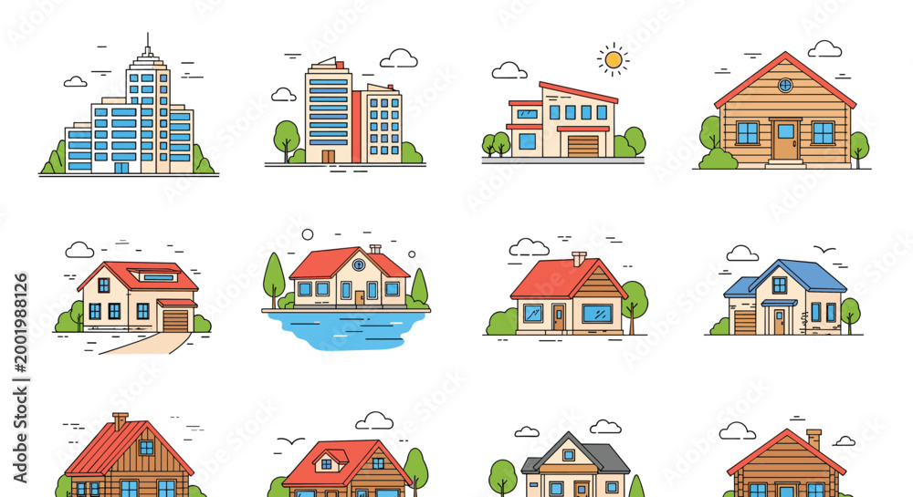 Fototapeta premium Collection of various residential house illustrations showing different architectural styles for real estate marketing.