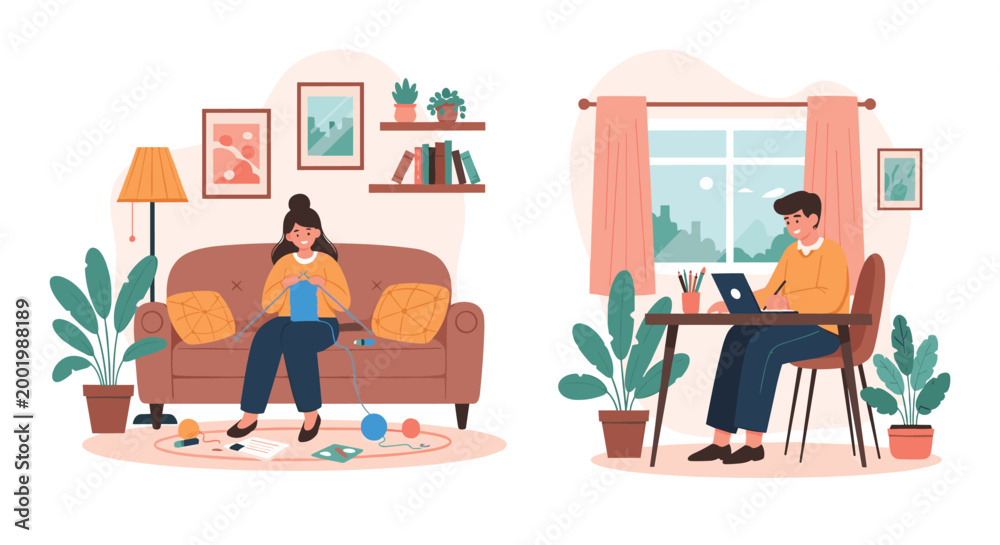 Fototapeta premium Two flat illustrations showing indoor activities with a woman knitting on a couch and a man working at a home office desk.