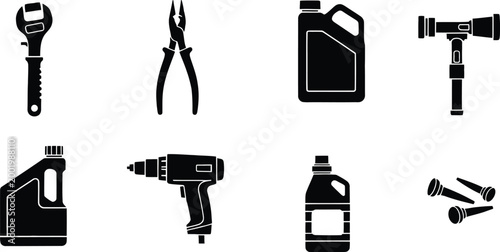 Set of black silhouette construction tools and automotive supply icons for repair work