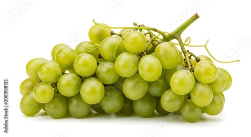 Cluster of fresh ripe green grapes on vine with leaves isolated on white background representing healthy fruit viticulture winemaking and organic agricultural produce photography