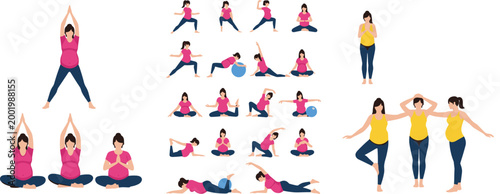 Pregnant Women Practicing Yoga with Various Poses for Maternity Fitness, Pregnancy Exercise, and Wellness Design Illustrations