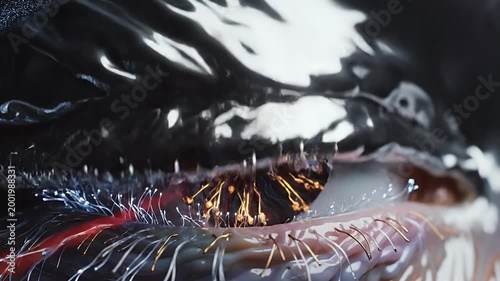 A striking close-up showcases a futuristic, cybernetic eye with intricate circuitry and a mesmerizing blend of organic and technological elements.