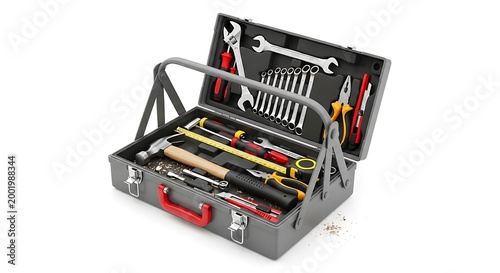 Grey metal toolbox open with organized construction tools and repair equipment for home maintenance and renovation services isolated on white background professional photography
