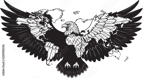 Black eagle, spread wings, monochrome illustration, bird of prey, wildlife icon