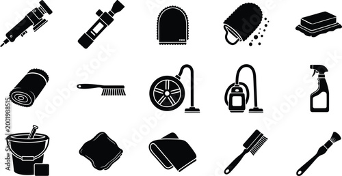 Set of black cleaning equipment icons for housekeeping and domestic chores maintenance