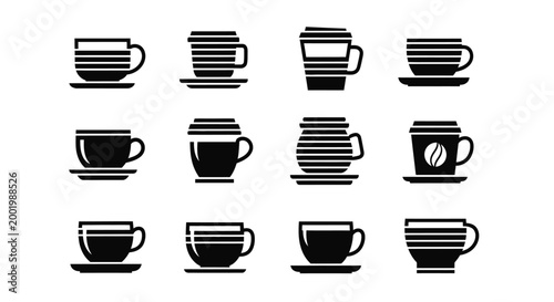 Variety of stylized coffee mug icons including travel cups and ceramic cups with stripes and coffee bean logo for beverage branding and cafe menu illustrations