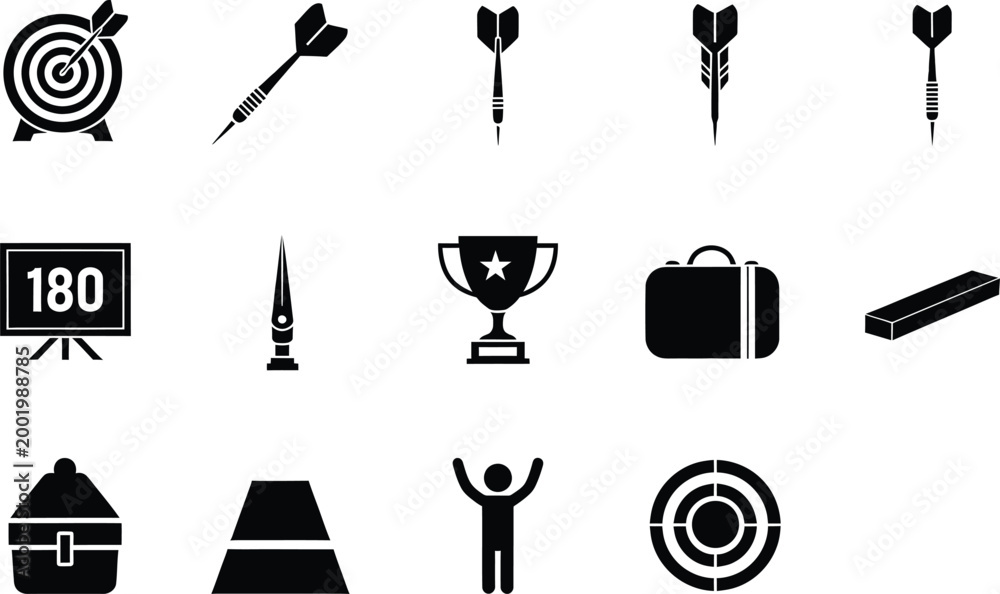 Naklejka premium Set of black dart game icons including targets arrows trophy and winner achievement symbols