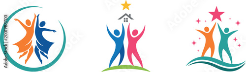 Teamwork and success logo collection featuring abstract people celebrating achievement, unity symbols, and community icons for corporate, social, and motivational branding