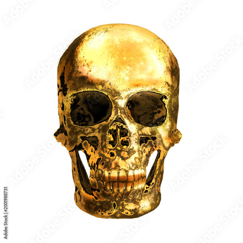 Gold metal human skull isolated on white background