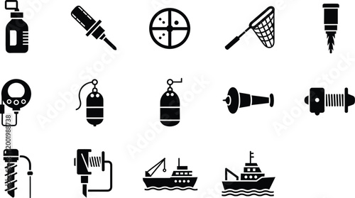 Set of black fishing and nautical equipment icons for marine activities and exploration