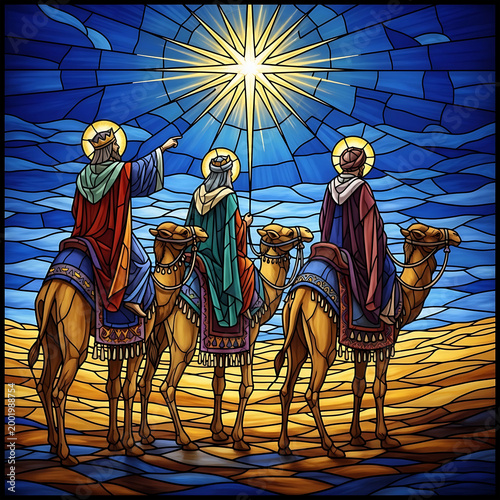 Stained Glass Window of Three Wise Kings on Camels Following the Star of Bethlehem