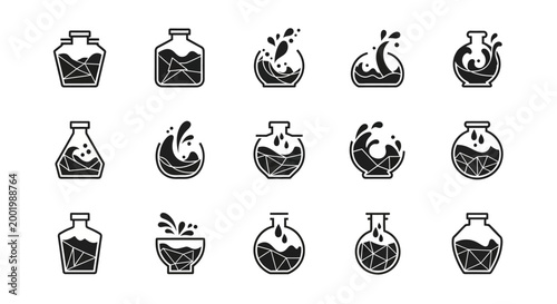 Glass bottle and chemical flask icons set with geometric liquid levels and water splashes for science experiments laboratory research and drink industry graphics