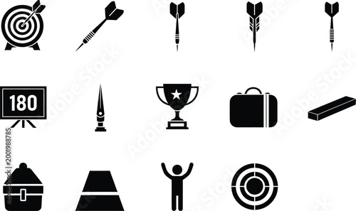 Set of black dart game icons including targets arrows trophy and winner achievement symbols