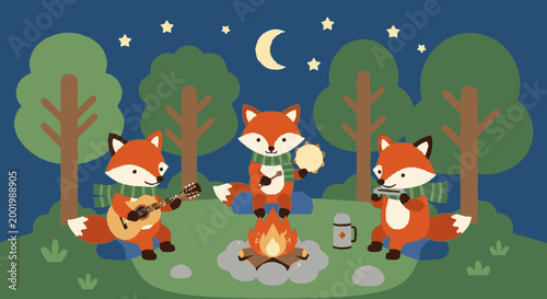 Cute foxes playing instruments around campfire in forest at night