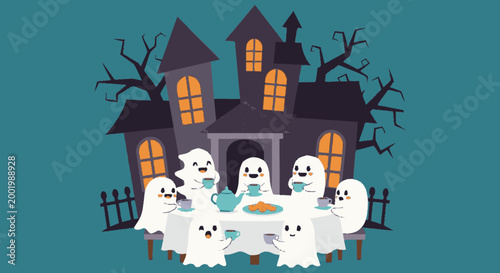 Cute ghosts having tea party near spooky haunted mansion