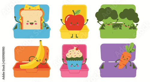 Cute kawaii food characters in colorful lunch boxes on white