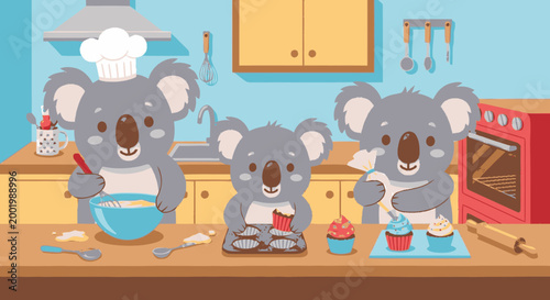 Cute koala family baking cupcakes in a home kitchen