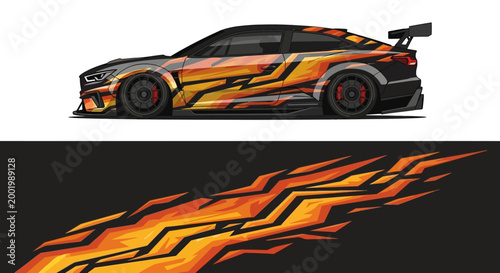 Sleek flame-decorated sportscar ready for show racing on night streets with bold design and glossy finish.