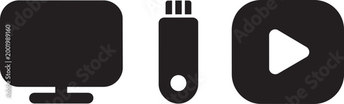 Technology and multimedia icons set with computer screen flash drive and video play button symbols