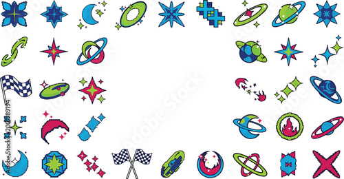 Collection of cosmic outer space elements set with celestial planets stars moon orbits and galactic symbols for creative graphic vector illustration