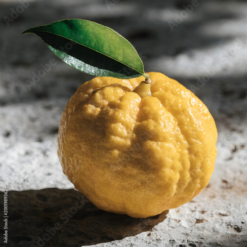closeup of a single yuzu fruit with a green leaf