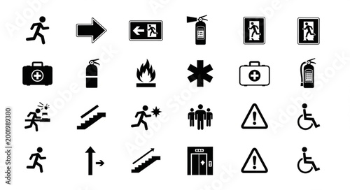 Collection of safety and emergency icons for signs.