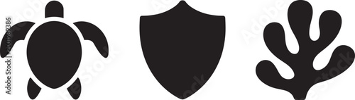 Turtle shield and coral icons set minimal flat black vector for nature and marine conservation apps