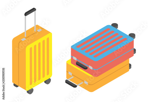 Isometric set of brightly colored travel suitcases on wheels for packing luggage. Cartoon 3D vector concept on blue pink background