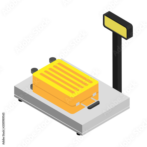 Isometric travel suitcase with luggage lies on the scales at the airport. Cartoon 3D vector concept on blue pink background