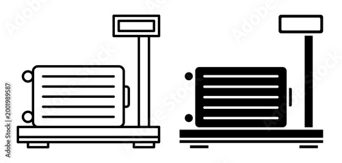 Linear icon. Travel suitcase lies on the check scales at the airport. Simple black and white vector symbol isolated on white background