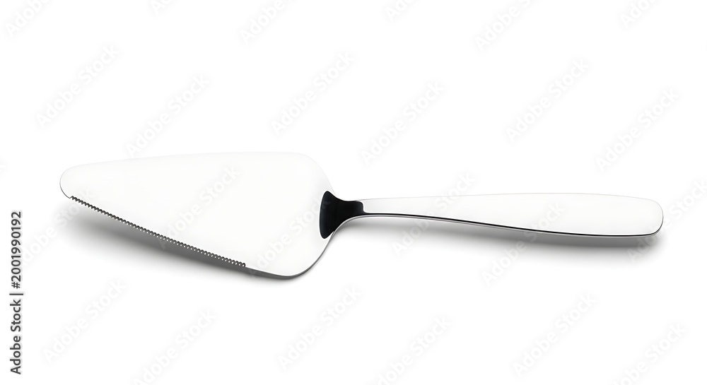 Fototapeta premium Polished stainless steel cake server with serrated edge and black handle isolated on white