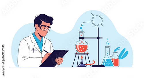 Professional scientist in a white coat and safety goggles conducting experiments while carefully recording data on a clipboard.