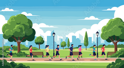 Diverse group of people enjoying a healthy lifestyle by jogging through a beautiful city park with trees and a skyline.