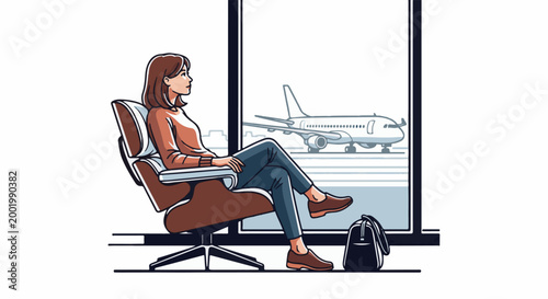 Woman in armchair gazes out window at airplane on tarmac