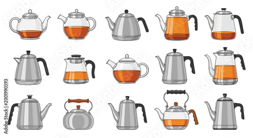 Large set of various glass and metal teapots and kettles, some filled with tea, arranged in a neat grid for beverage themes.