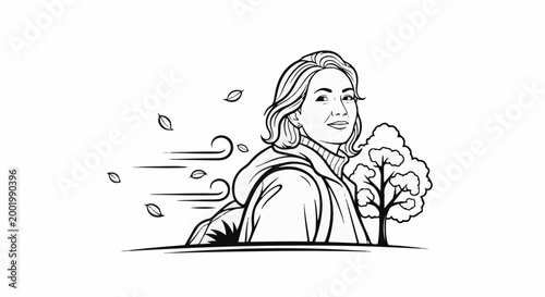 Woman in autumn breeze with tree, leaves blowing