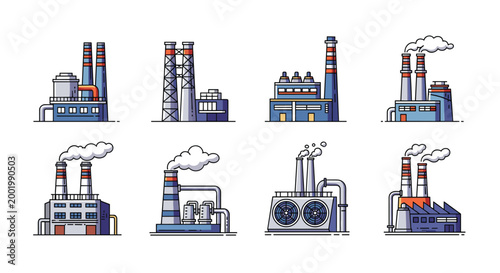 Set of various industrial factory buildings and power plants with smoking chimneys and cooling towers in flat design.
