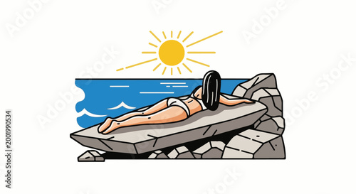 Woman sunbathing on rocks by the sea under a bright sun