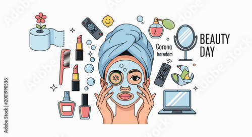 Woman with face mask, hair towel, surrounded by beauty products and remote controls