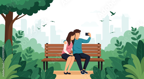 Young couple sitting on a wooden bench in a city park taking a selfie with a smartphone surrounded by lush green trees and foliage.