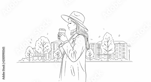 Woman in hat holds coffee cup amidst buildings and trees
