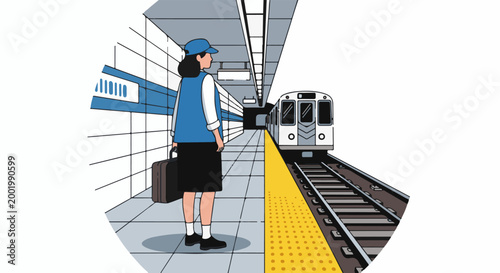 Woman with luggage on subway platform awaits arriving train