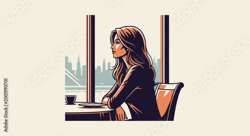 Woman in profile looks out window at city skyline, seated at a table