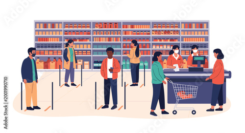People wearing face masks and maintaining social distance while queuing at a supermarket checkout counter during a pandemic.