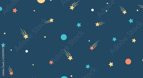 Seamless background pattern of colorful stars planets and shooting stars in a dark blue night sky for children nursery theme.