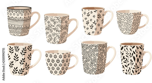 Collection of eight coffee mugs with intricate black and white botanical and geometric patterns on a beige background for design ideas.