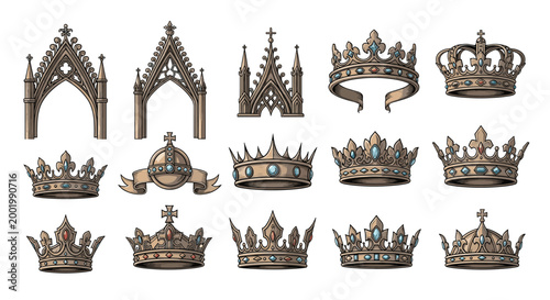 Selection of various ornate royal crowns and gothic architectural archways in a vintage detailed style for heritage branding.