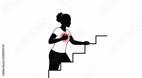 Woman in silhouette ascending stairs, clutching chest in pain