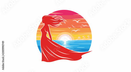 Woman in red dress watching sunset over ocean with birds flying